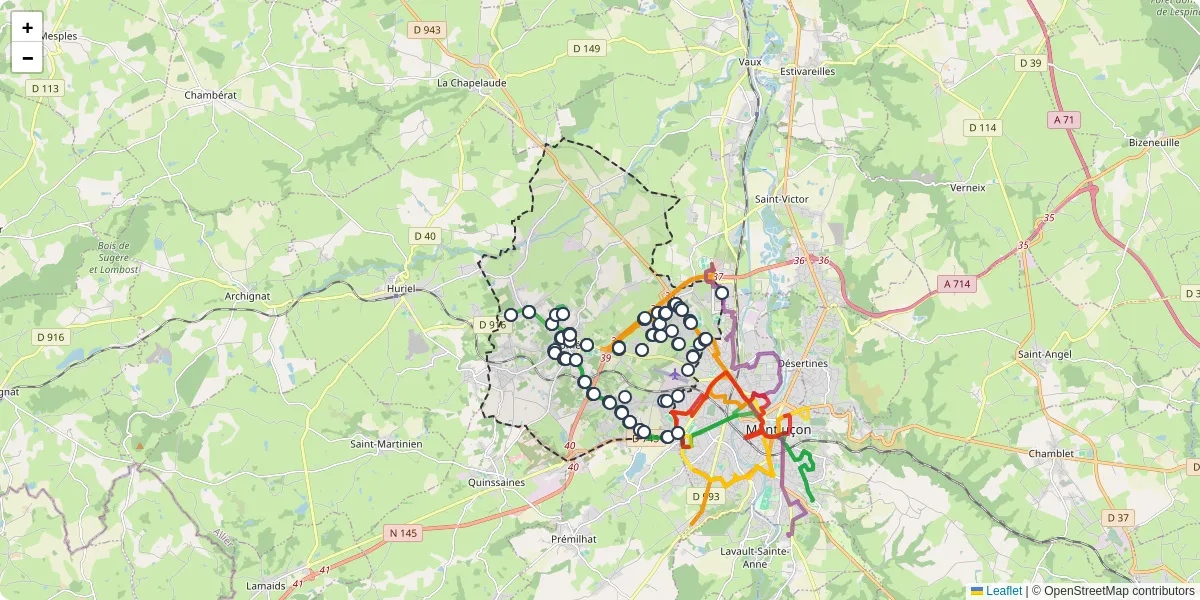 Carte du réseau de transport en commun à Domérat - lignes de bus et arrêts