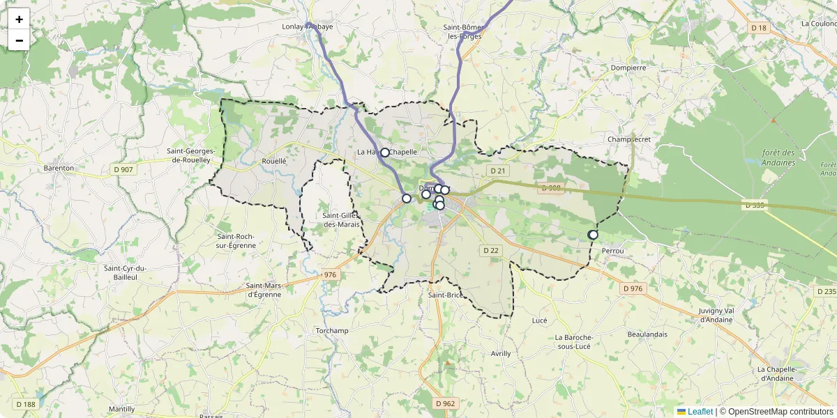Carte du réseau de transport en commun à Domfront en Poiraie - lignes de bus et arrêts