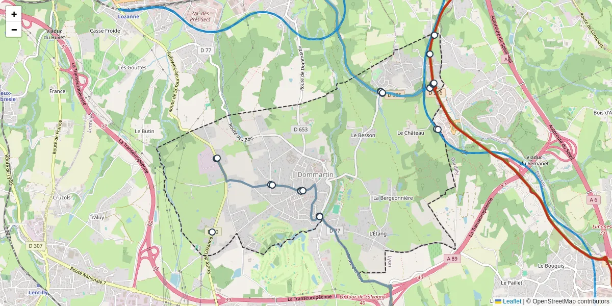Carte du réseau de transport en commun à Dommartin - lignes de bus et arrêts