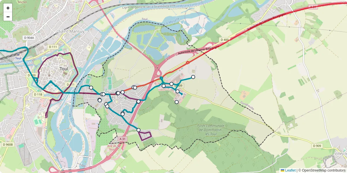 Carte du réseau de transport en commun à Dommartin-lès-Toul - lignes de bus et arrêts