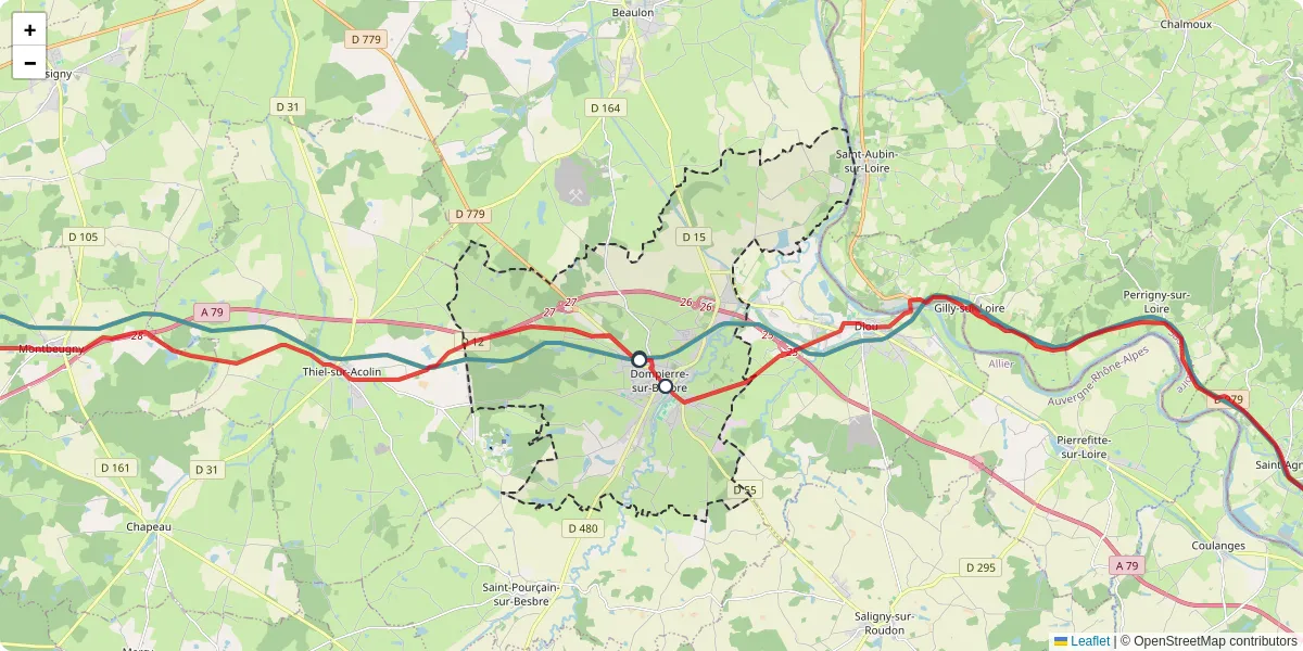 Carte du réseau de transport en commun à Dompierre-sur-Besbre - lignes de bus et arrêts