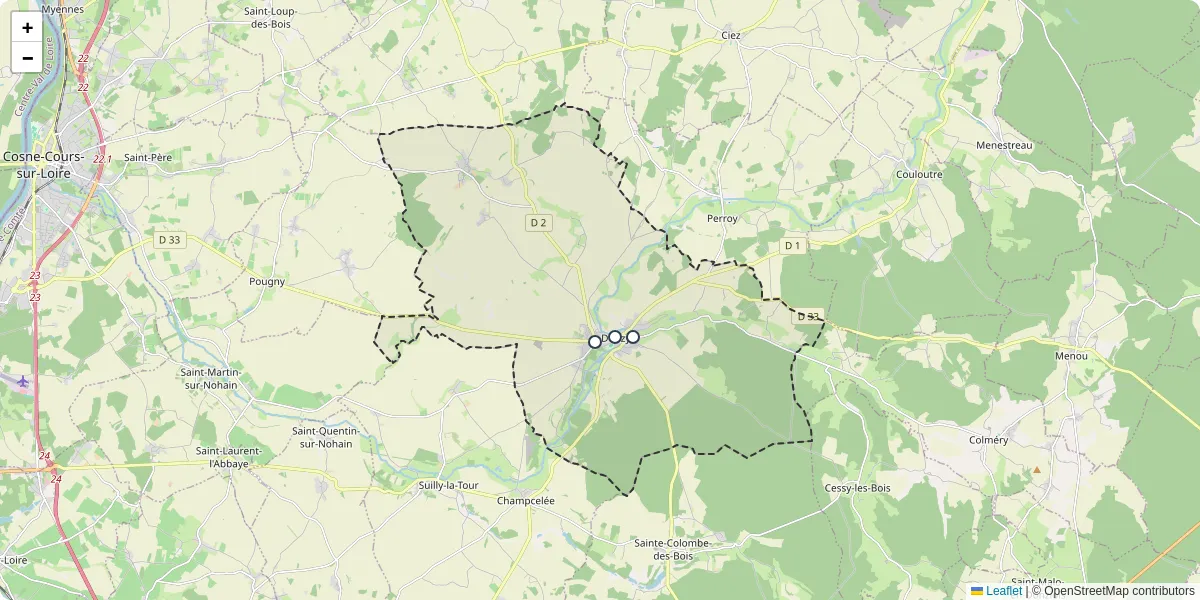 Carte du réseau de transport en commun à Donzy - lignes de bus et arrêts