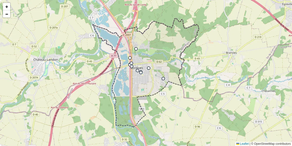 Carte du réseau de transport en commun à Dordives - lignes de bus et arrêts