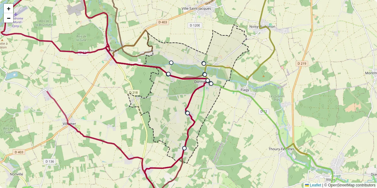 Carte du réseau de transport en commun à Dormelles - lignes de bus et arrêts