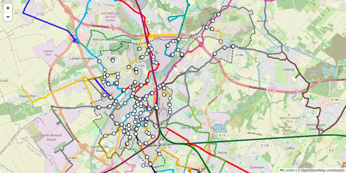 Carte du réseau de transport en commun à Douai - lignes de bus et arrêts