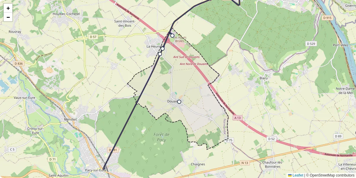 Carte du réseau de transport en commun à Douains - lignes de bus et arrêts