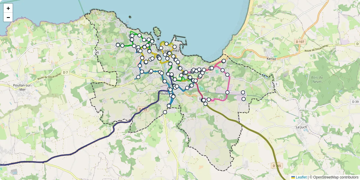 Carte du réseau de transport en commun à Douarnenez - lignes de bus et arrêts