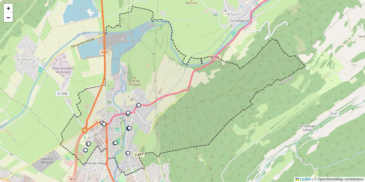 Carte du réseau de transport en commun à Doubs - lignes de bus et arrêts
