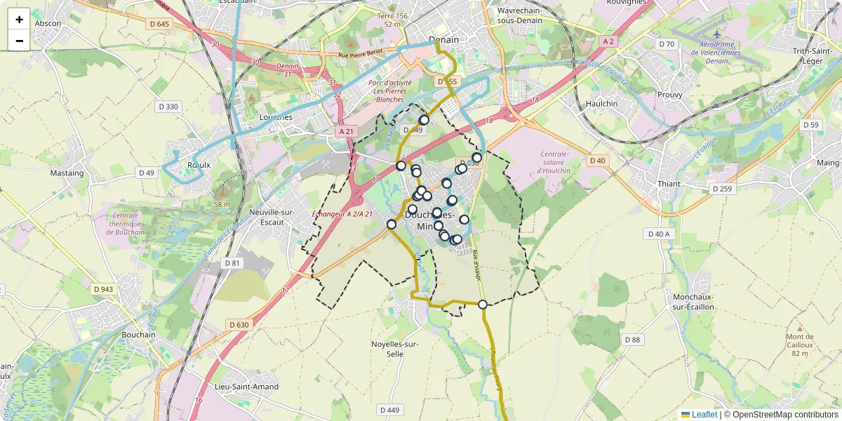 Carte du réseau de transport en commun à Douchy-les-Mines - lignes de bus et arrêts