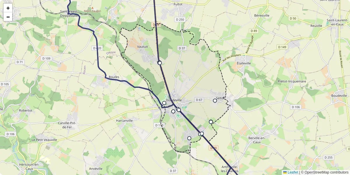 Carte du réseau de transport en commun à Doudeville - lignes de bus et arrêts