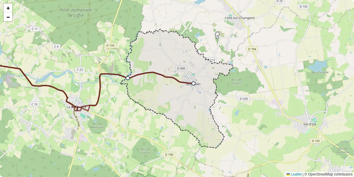 Carte du réseau de transport en commun à Dourdain - lignes de bus et arrêts