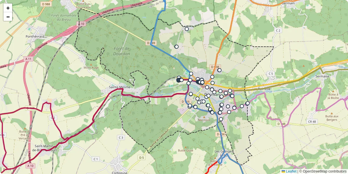 Carte du réseau de transport en commun à Dourdan - lignes de bus et arrêts