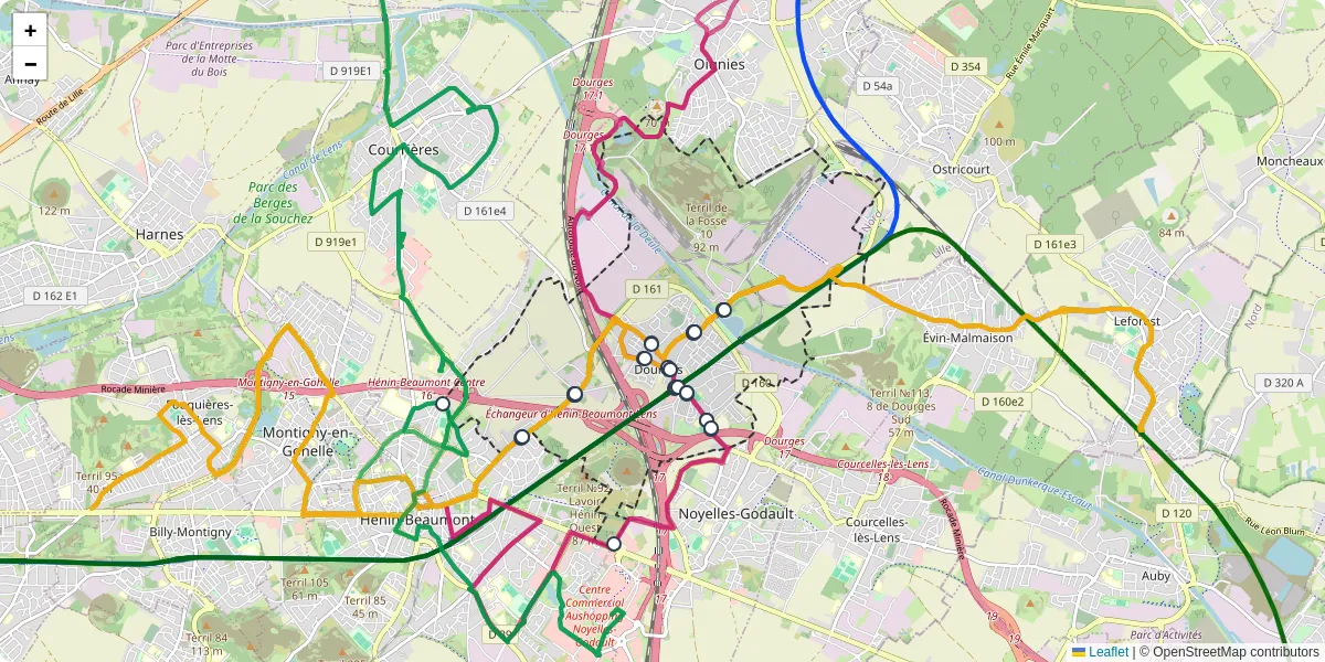 Carte du réseau de transport en commun à Dourges - lignes de bus et arrêts