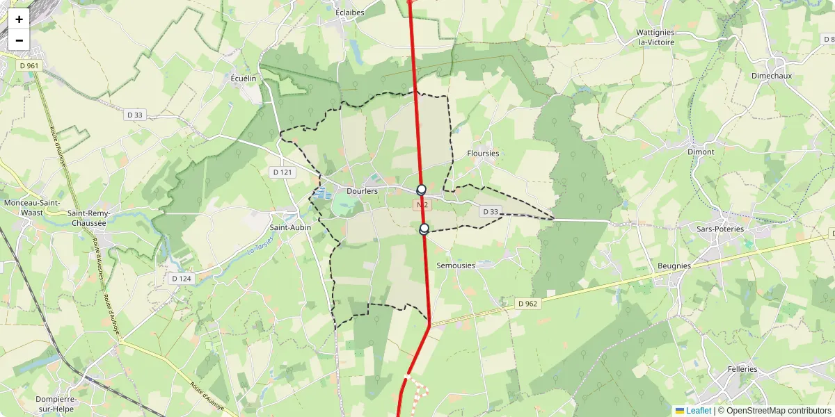 Carte du réseau de transport en commun à Dourlers - lignes de bus et arrêts