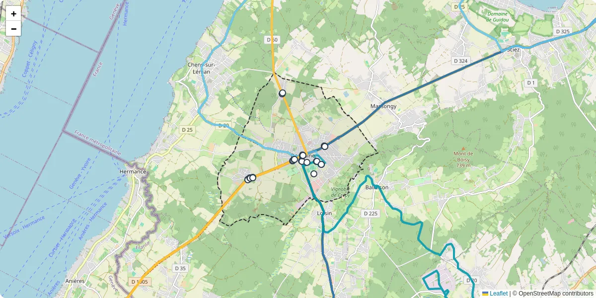 Carte du réseau de transport en commun à Douvaine - lignes de bus et arrêts