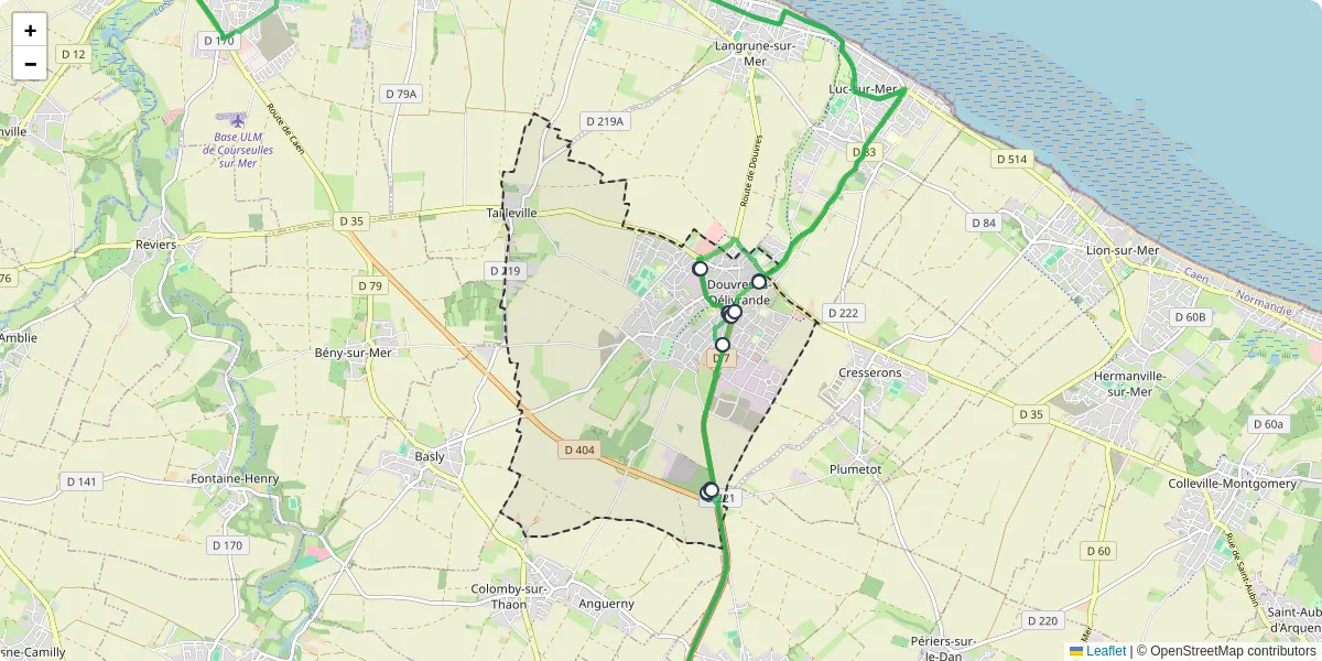 Carte du réseau de transport en commun à Douvres-la-Délivrande - lignes de bus et arrêts