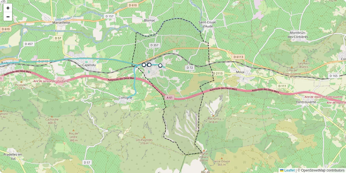 Carte du réseau de transport en commun à Douzens - lignes de bus et arrêts