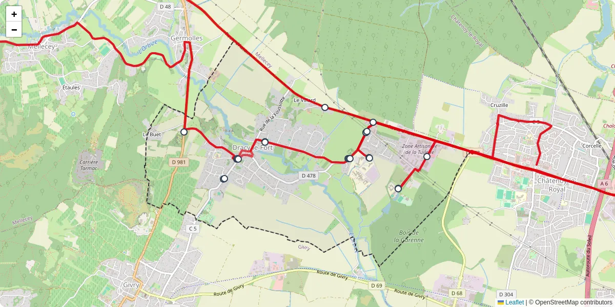 Carte du réseau de transport en commun à Dracy-le-Fort - lignes de bus et arrêts