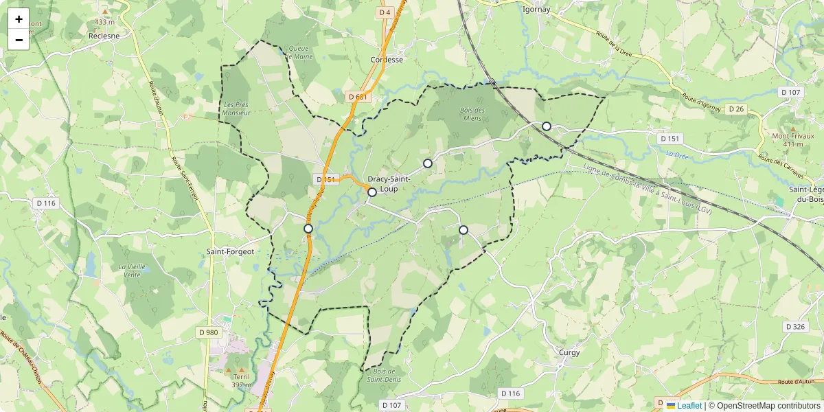 Carte du réseau de transport en commun à Dracy-Saint-Loup - lignes de bus et arrêts