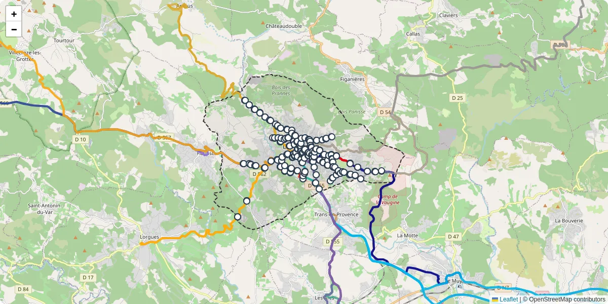 Carte du réseau de transport en commun à Draguignan - lignes de bus et arrêts