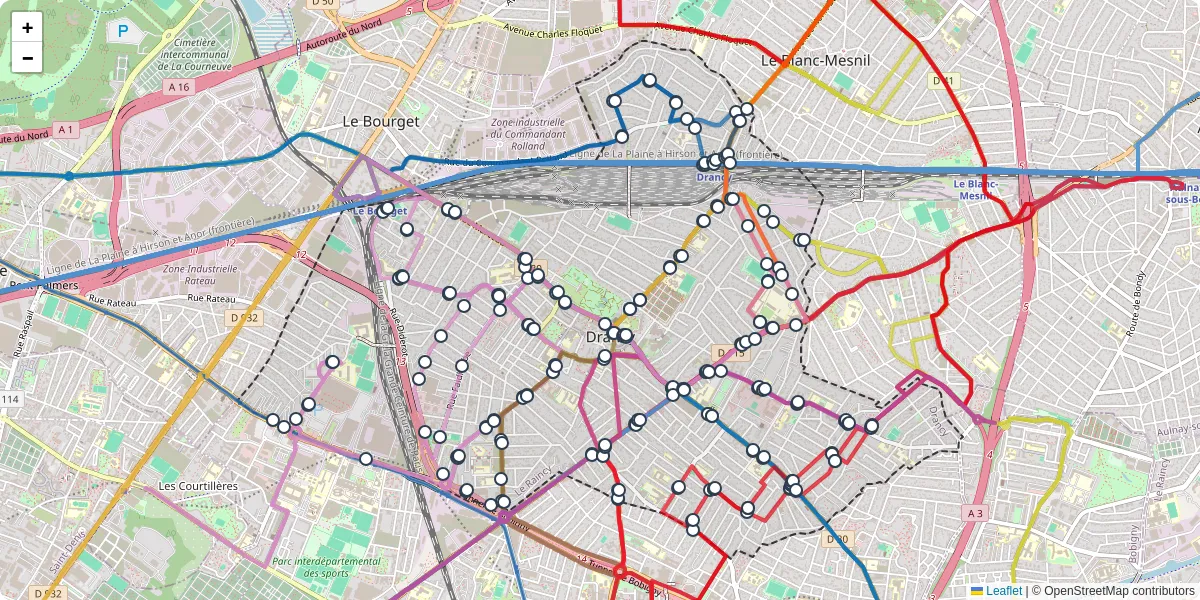 Carte du réseau de transport en commun à Drancy - lignes de bus et arrêts