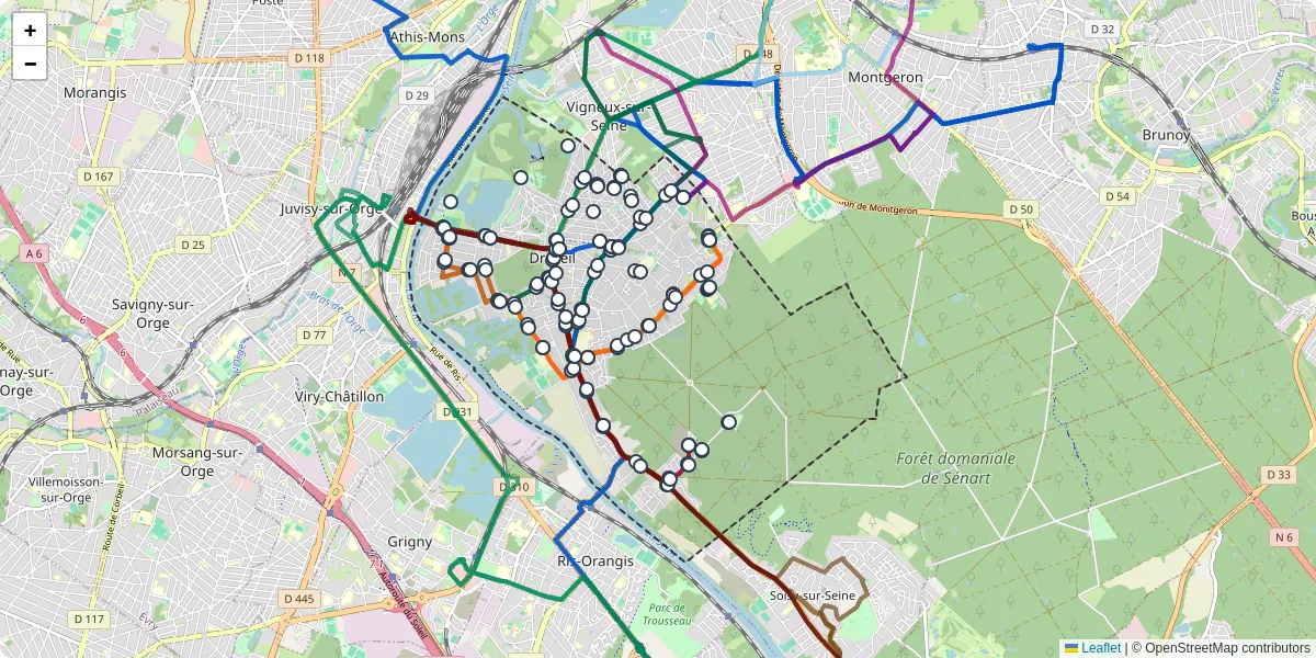 Carte du réseau de transport en commun à Draveil - lignes de bus et arrêts
