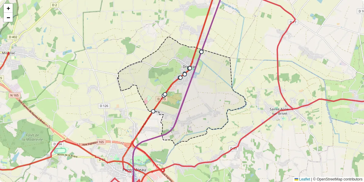 Carte du réseau de transport en commun à Drefféac - lignes de bus et arrêts