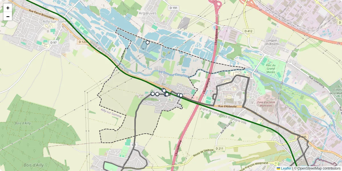 Carte du réseau de transport en commun à Dreuil-lès-Amiens - lignes de bus et arrêts