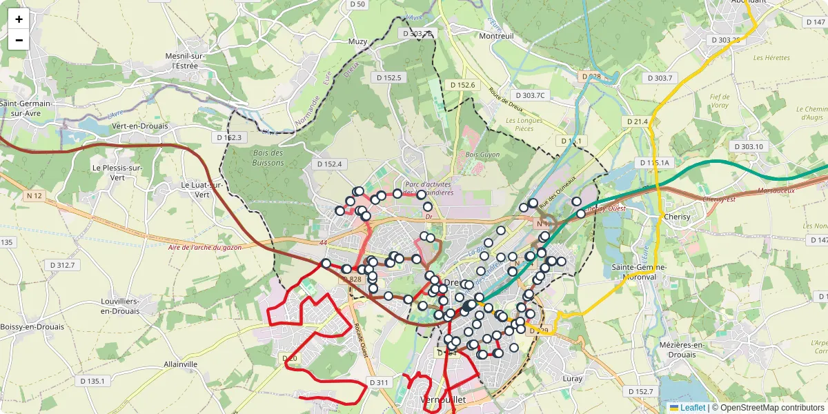 Carte du réseau de transport en commun à Dreux - lignes de bus et arrêts