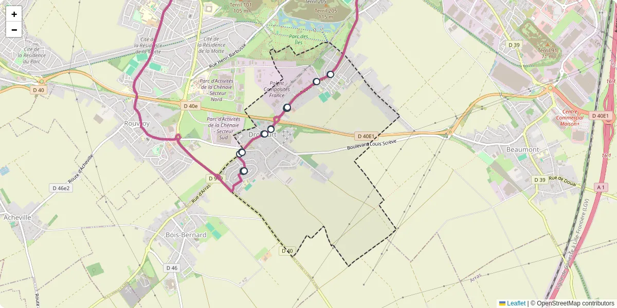 Carte du réseau de transport en commun à Drocourt - lignes de bus et arrêts