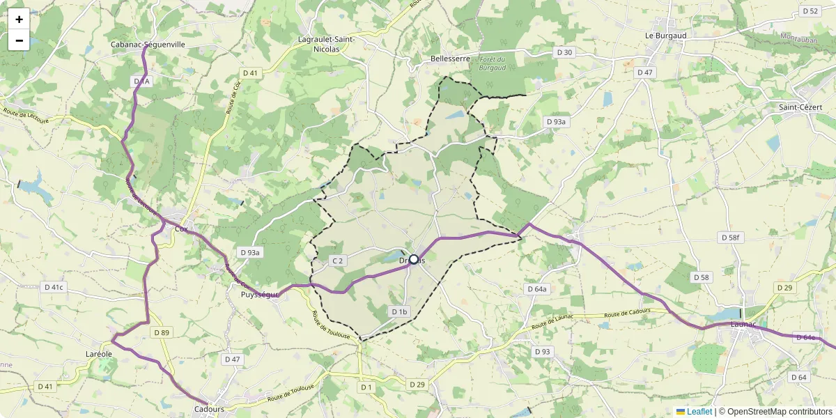 Carte du réseau de transport en commun à Drudas - lignes de bus et arrêts