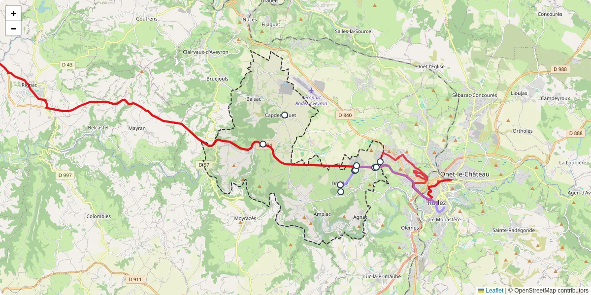 Carte du réseau de transport en commun à Druelle Balsac - lignes de bus et arrêts
