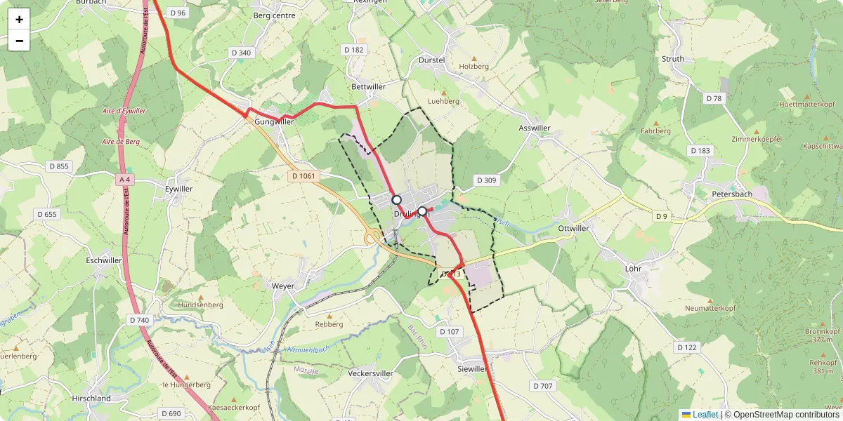 Carte du réseau de transport en commun à Drulingen - lignes de bus et arrêts