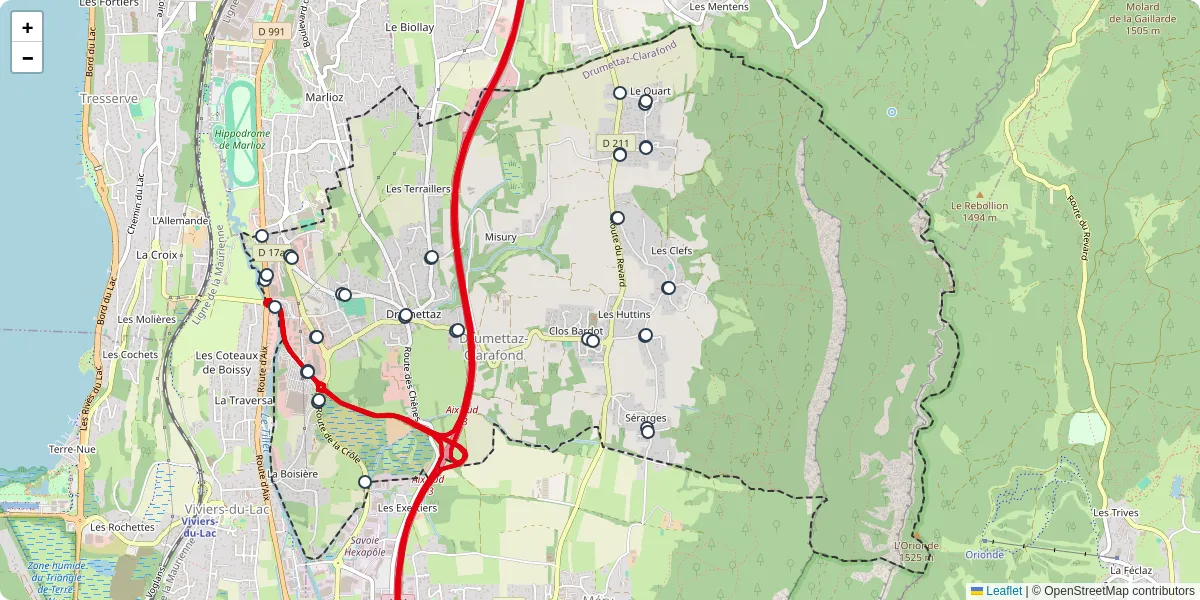 Carte du réseau de transport en commun à Drumettaz-Clarafond - lignes de bus et arrêts