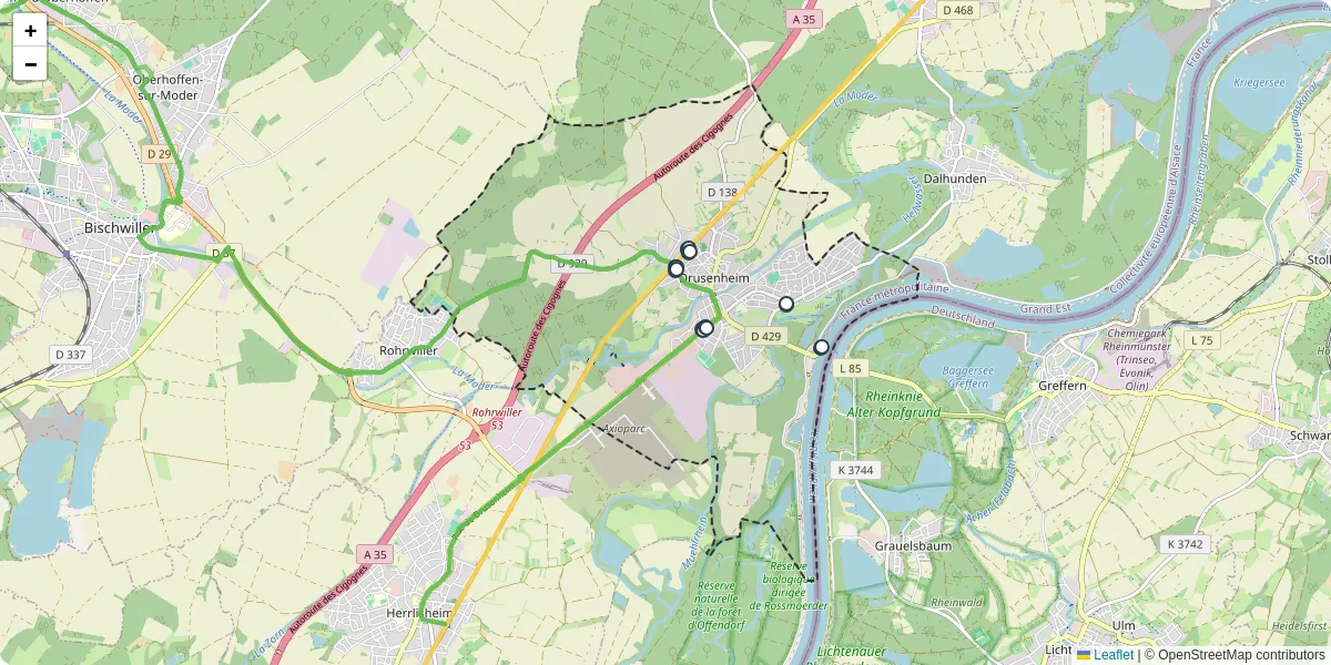 Carte du réseau de transport en commun à Drusenheim - lignes de bus et arrêts