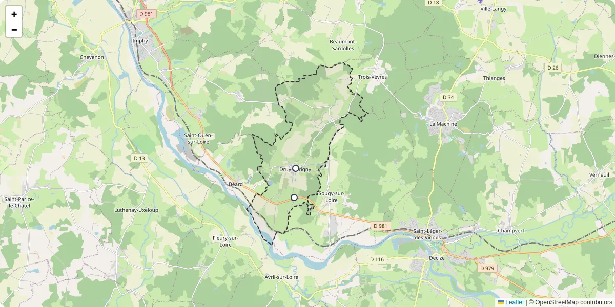 Carte du réseau de transport en commun à Druy-Parigny - lignes de bus et arrêts