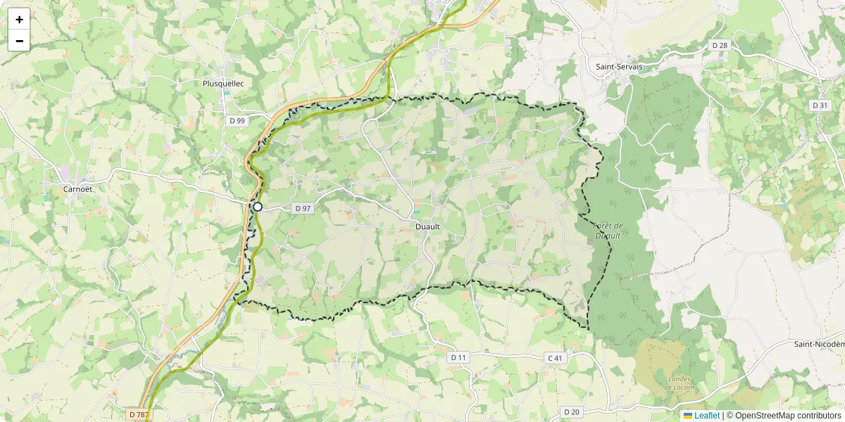 Carte du réseau de transport en commun à Duault - lignes de bus et arrêts