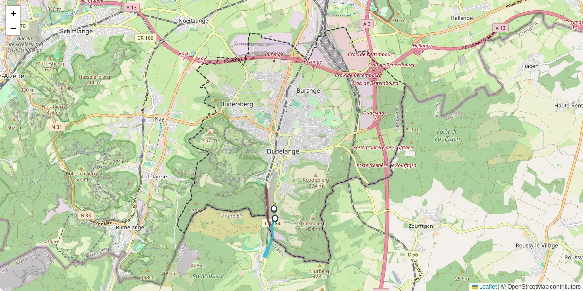 Carte du réseau de transport en commun à Dudelange - lignes de bus et arrêts