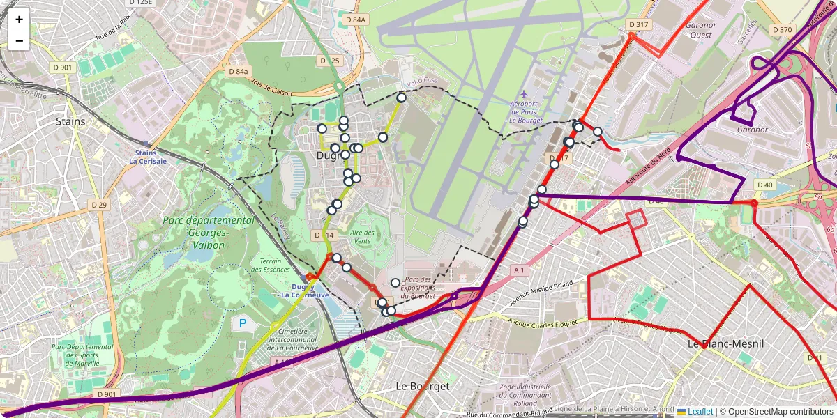 Carte du réseau de transport en commun à Dugny - lignes de bus et arrêts