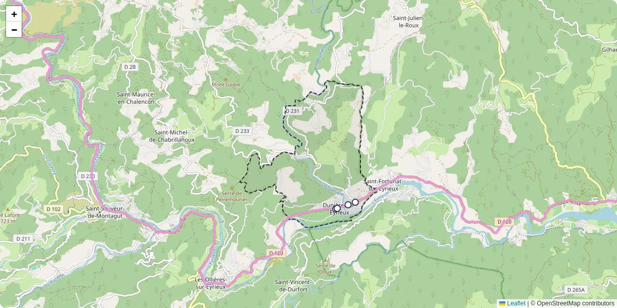 Carte du réseau de transport en commun à Dunière-sur-Eyrieux - lignes de bus et arrêts