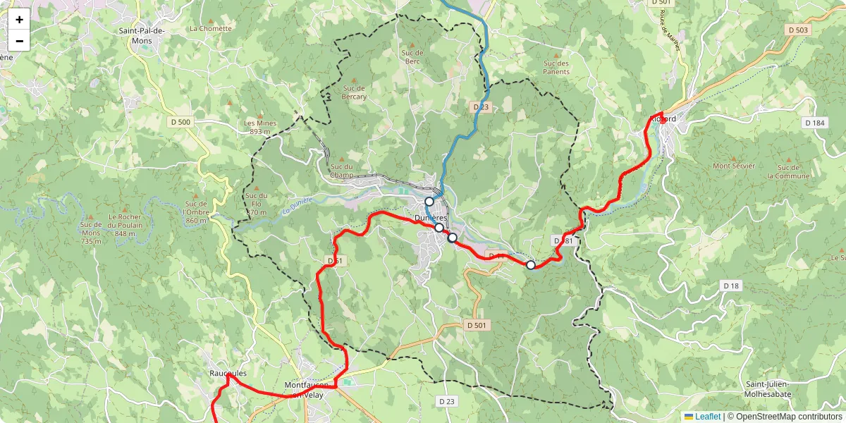 Carte du réseau de transport en commun à Dunières - lignes de bus et arrêts