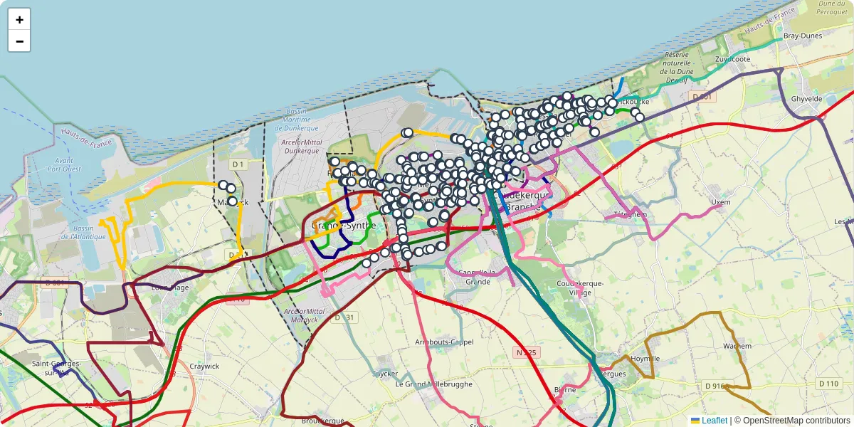 Carte du réseau de transport en commun à Dunkerque - lignes de bus et arrêts