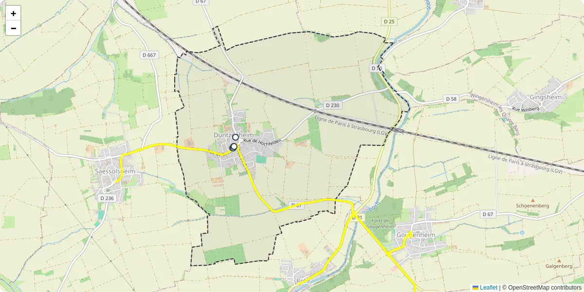 Carte du réseau de transport en commun à Duntzenheim - lignes de bus et arrêts