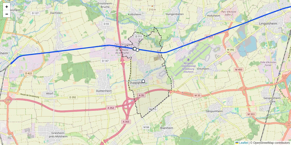 Carte du réseau de transport en commun à Duppigheim - lignes de bus et arrêts