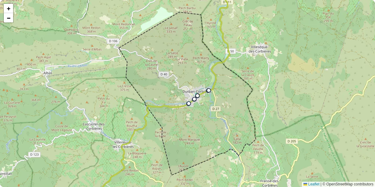 Carte du réseau de transport en commun à Durban-Corbières - lignes de bus et arrêts