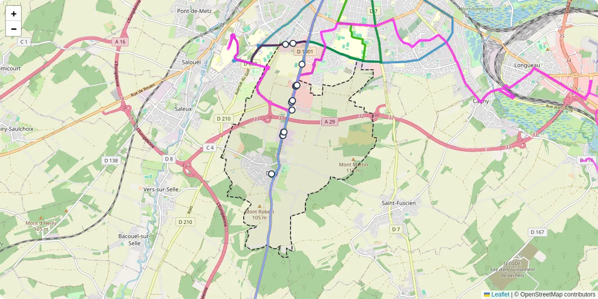 Carte du réseau de transport en commun à Dury - lignes de bus et arrêts