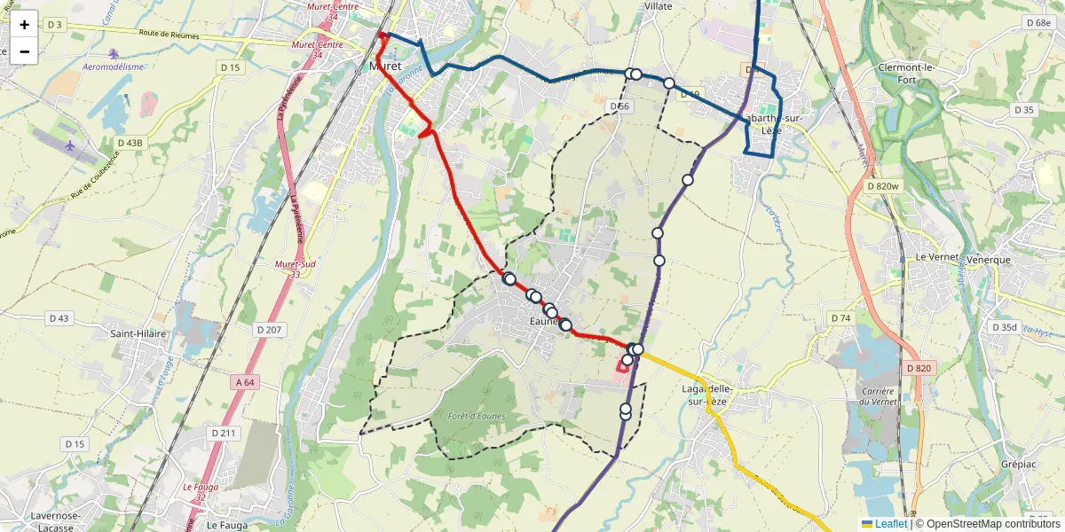 Carte du réseau de transport en commun à Eaunes - lignes de bus et arrêts
