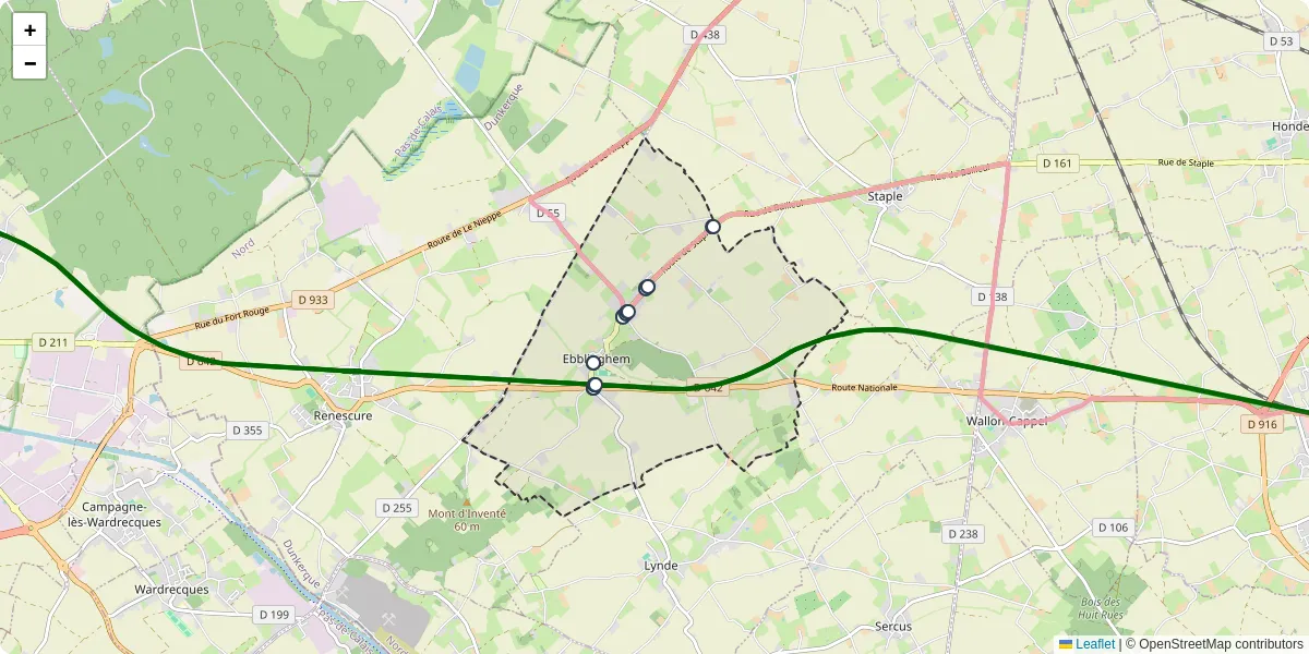 Carte du réseau de transport en commun à Ebblinghem - lignes de bus et arrêts