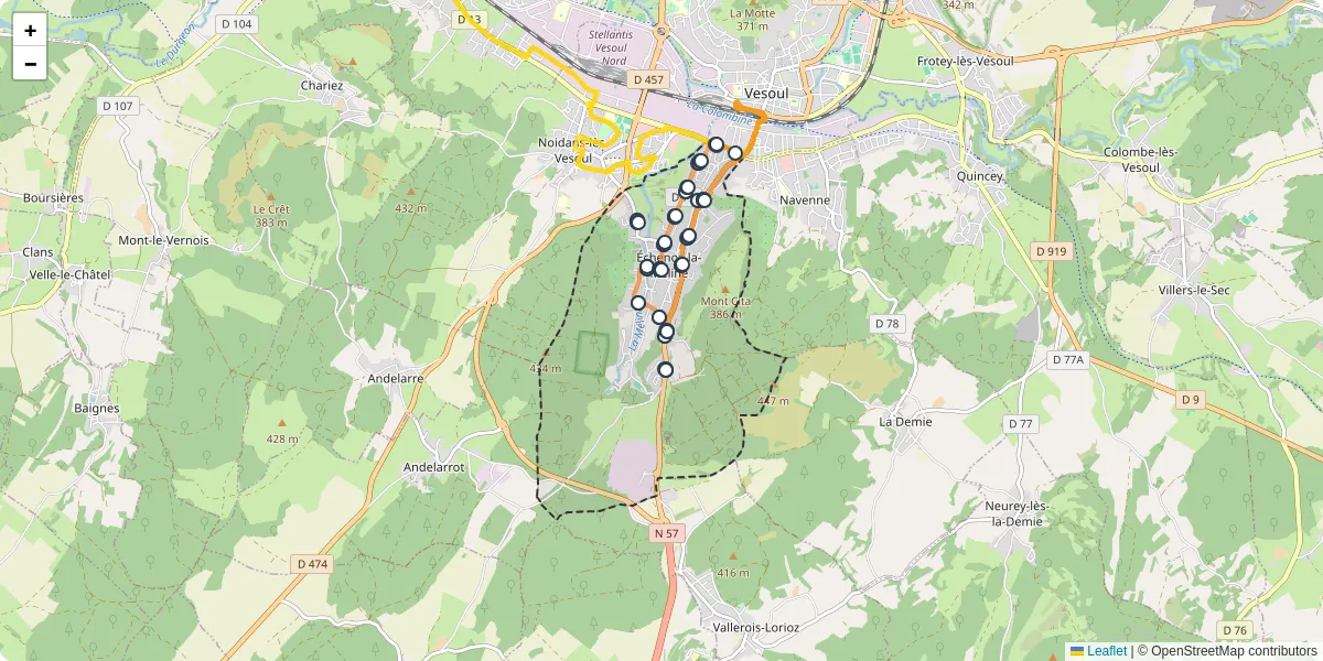 Carte du réseau de transport en commun à Échenoz-la-Méline - lignes de bus et arrêts