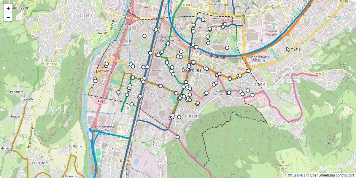 Carte du réseau de transport en commun à Échirolles - lignes de bus et arrêts